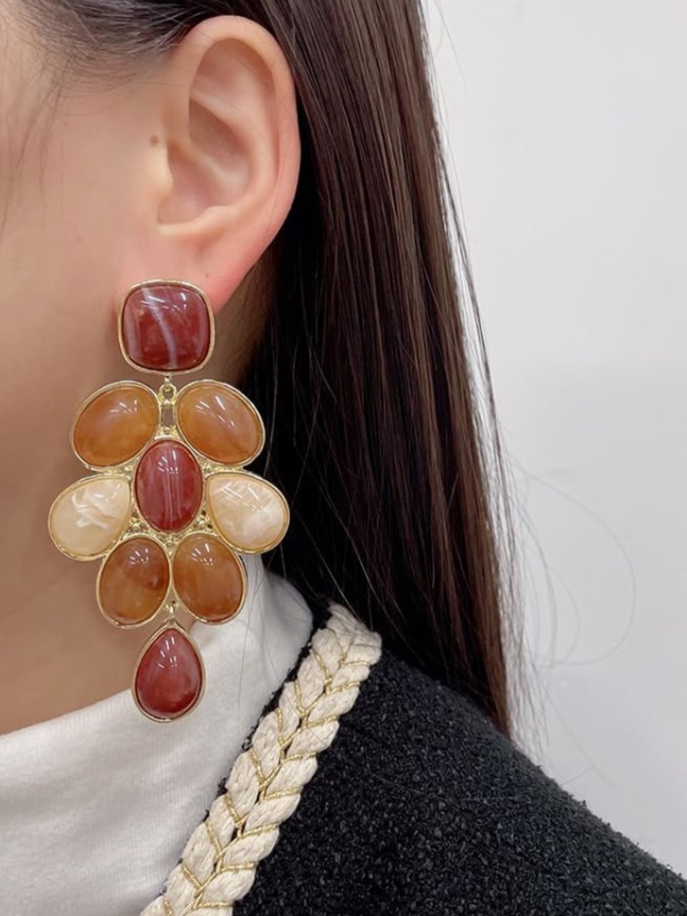 New Anthropologie Multi-Gem Drop Earrings in Amber, Cream, and Rust - Picture 2 of 6
